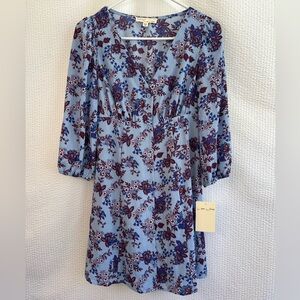 BeBop Blue Floral Smocked Long Sleeve Mini Dress XS NWT